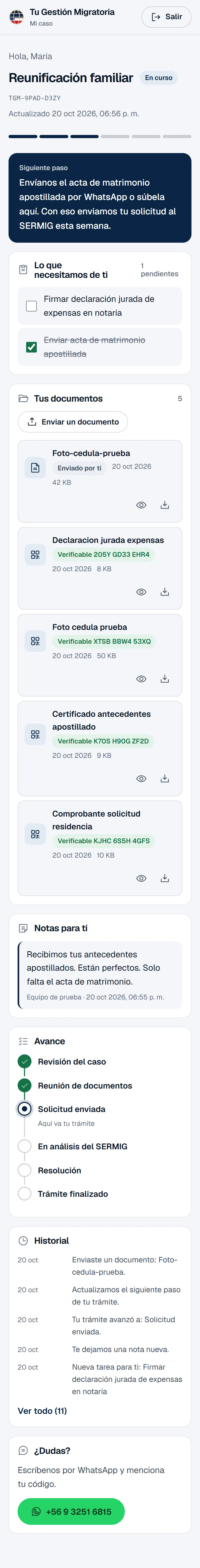 Portal Mi caso en el celular: etapa del trámite, siguiente paso, tareas pendientes, documentos con código de verificación y avance